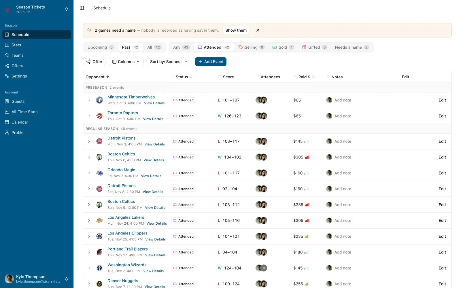 Philadelphia 76ers season schedule with attendance, guest assignments, game scores, ticket costs and notes.