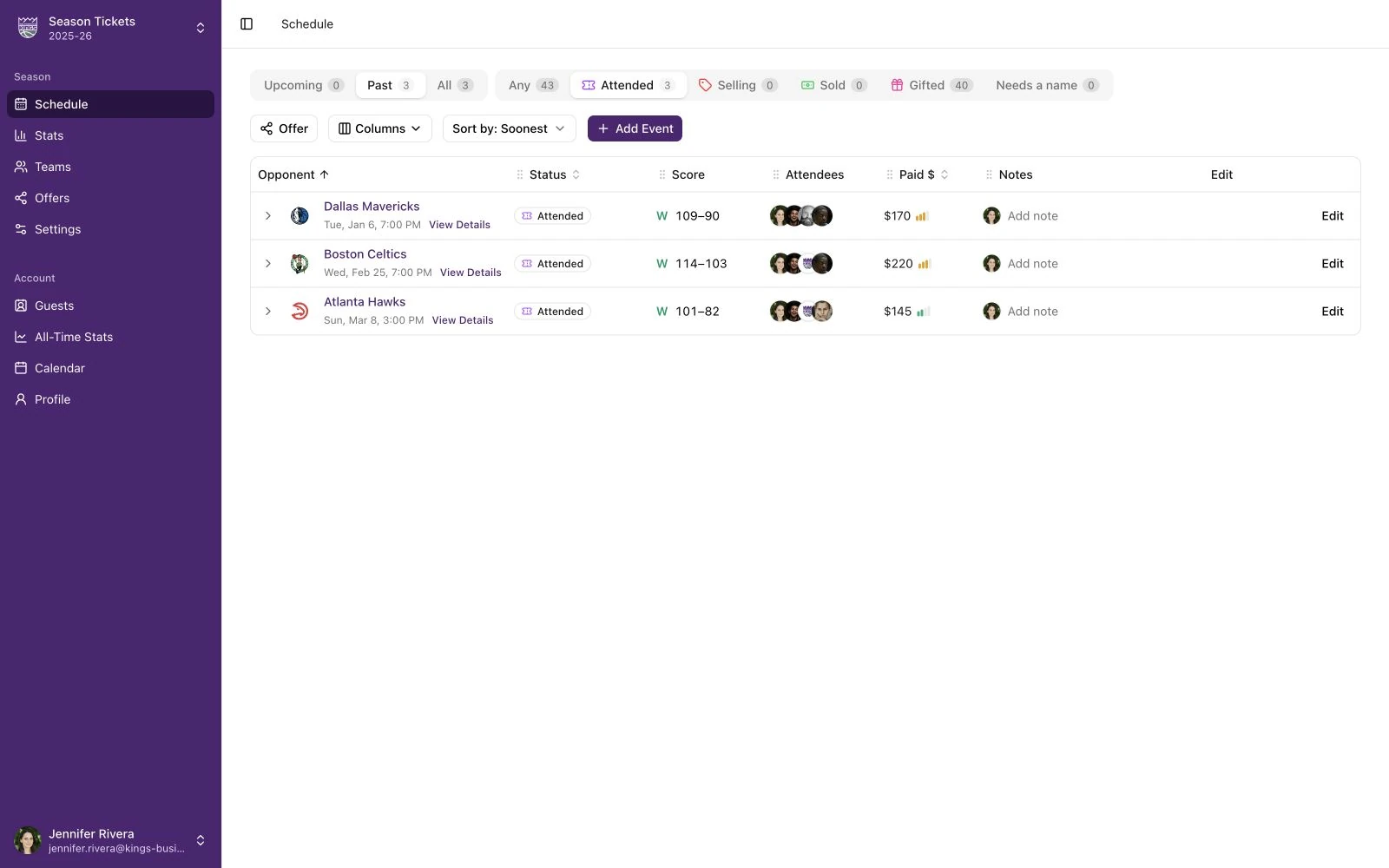 Sacramento Kings schedule for a business membership, with hosted guests, attendance, ticket costs and notes.