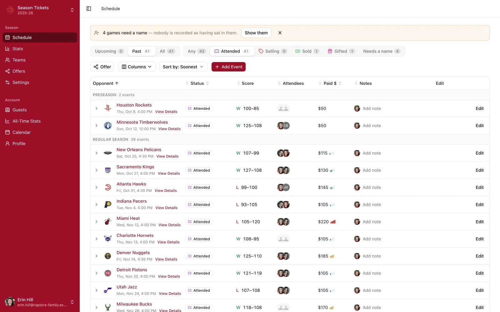 Toronto Raptors season schedule with attendance, guest assignments, game scores, ticket costs and notes.